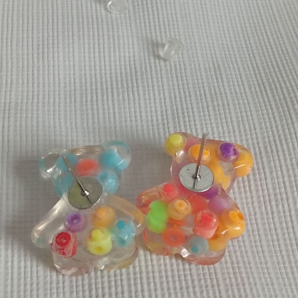 Set of Two Colorful Transparent Resin Gummy Bear Shaped Post Back Stud Earrings - Picture 8 of 9